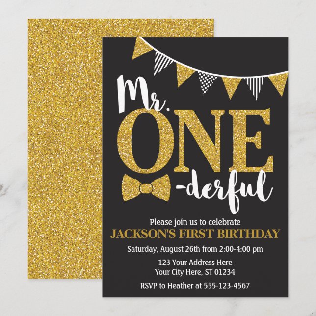 Mr. ONEderful Birthday Invitation | Black and Gold (Front/Back)