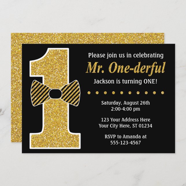 Mr. ONEderful Birthday Invitation • Black and Gold (Front/Back)