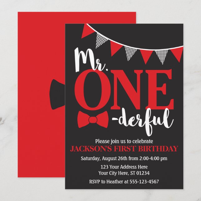 Mr. ONEderful Birthday Invitation | Black and Red (Front/Back)