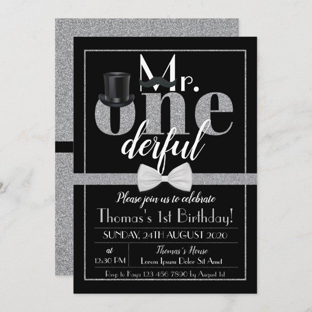 Mr. Onederful Birthday Invitation Black & White (Front/Back)