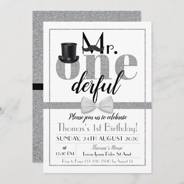Mr. Onederful Birthday Invitation Black & White (Front/Back)