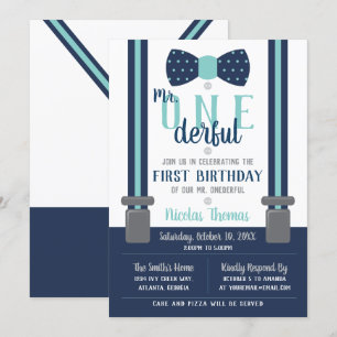 Mr. ONEderful Birthday Invitation, Blue, Grey Invitation