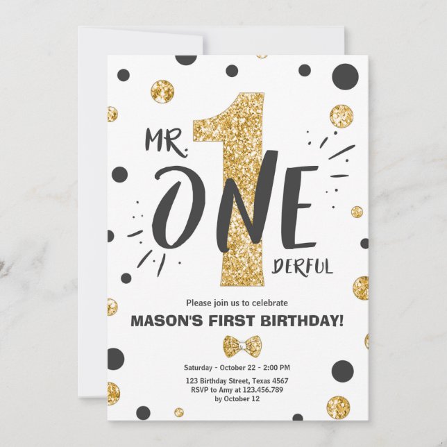 Mr onederful birthday invitation Boy Black Gold (Front)