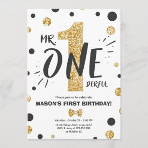 Mr onederful birthday invitation Boy Black Gold