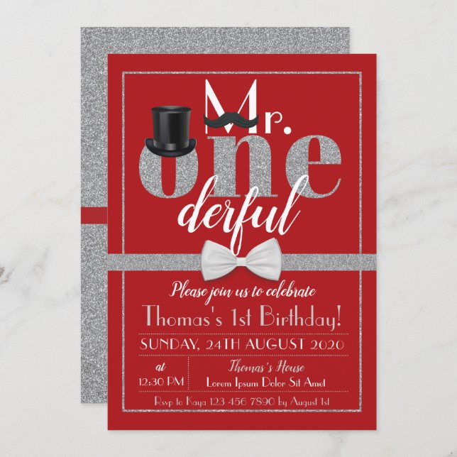 Mr. Onederful Birthday Invitation Red & Silver (Front/Back)