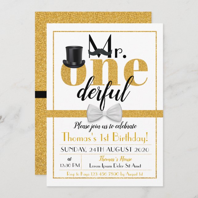 Mr. Onederful Birthday Invitation White & Gold (Front/Back)