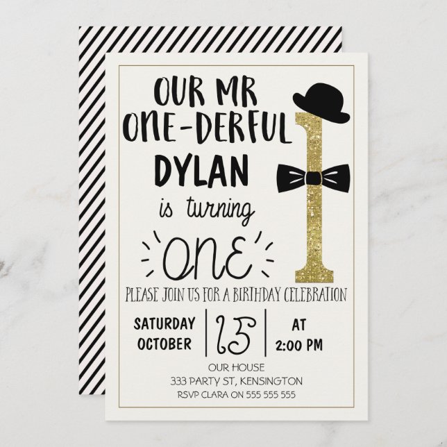 Mr ONEderful Birthday Invitation With faux Gold (Front/Back)