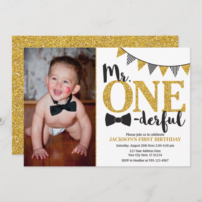 Mr. ONEderful Birthday Invitation with Photo (Front/Back)