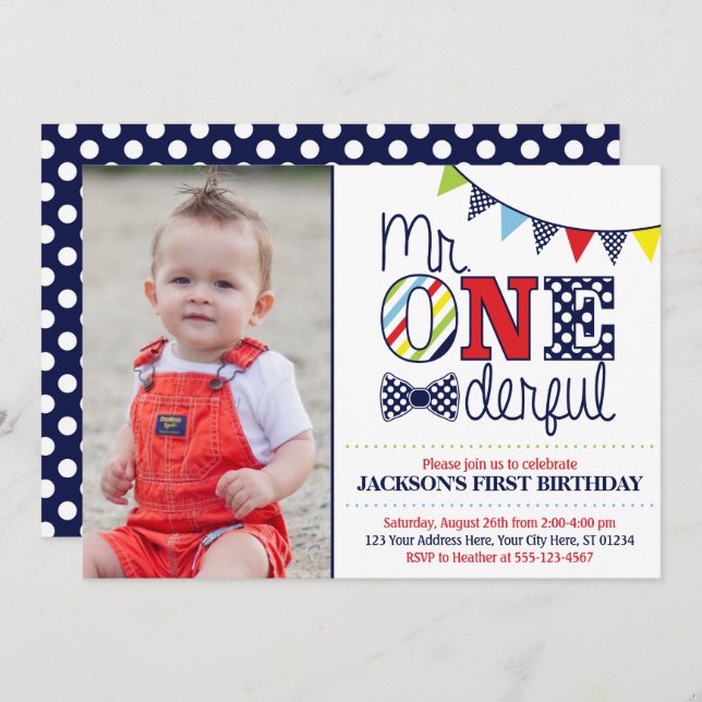 Mr. ONEderful Birthday Invitation with Photo (Front/Back)