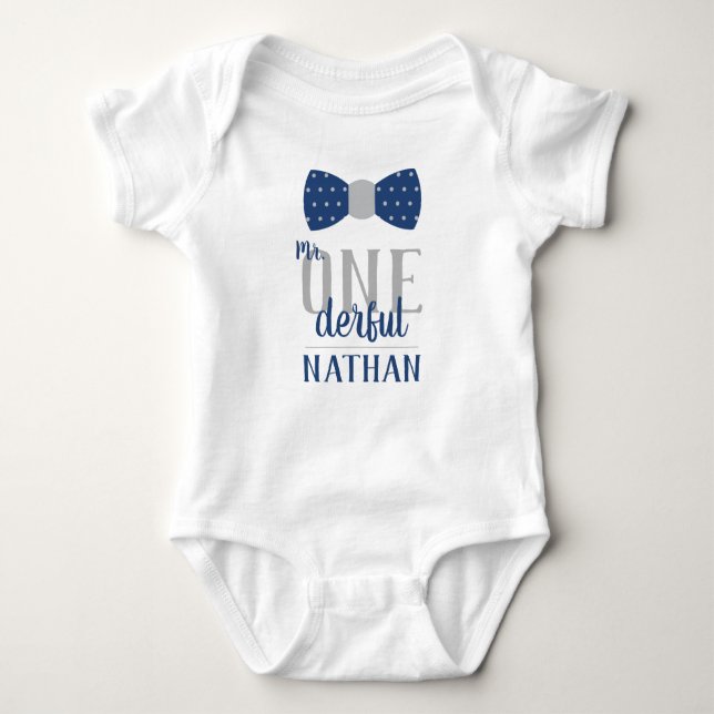 Mr ONEderful Birthday Shirt in Blue and Grey (Front)