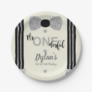 Mr Onederful black and silver bow tie Paper Plate