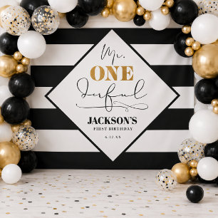 Mr. Onederful Black and White Striped Backdrop Tapestry