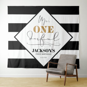 Mr. Onederful Black and White Striped Backdrop Tapestry