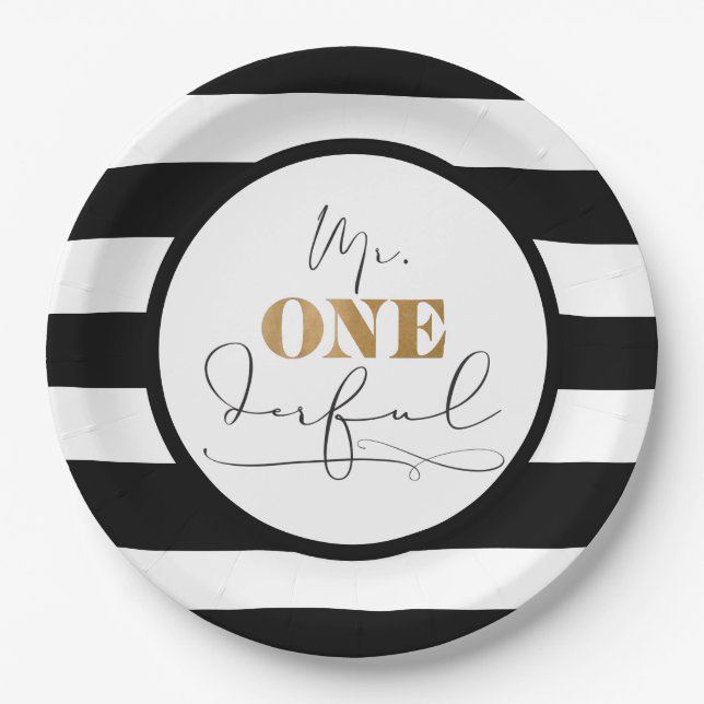Mr. Onederful Black and White Striped Paper Plates (Front)