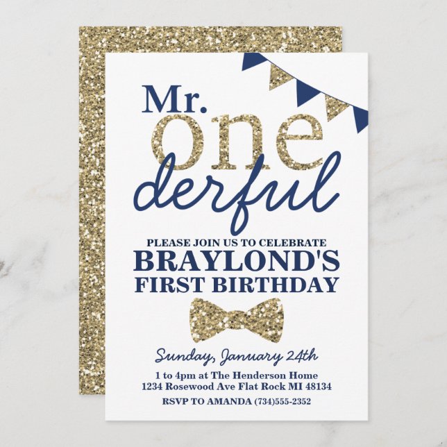 Mr Onederful Blue and Gold First Birthday Invitati Invitation (Front/Back)