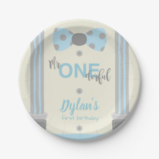 Mr Onederful blue and grey bow tie Paper Plate