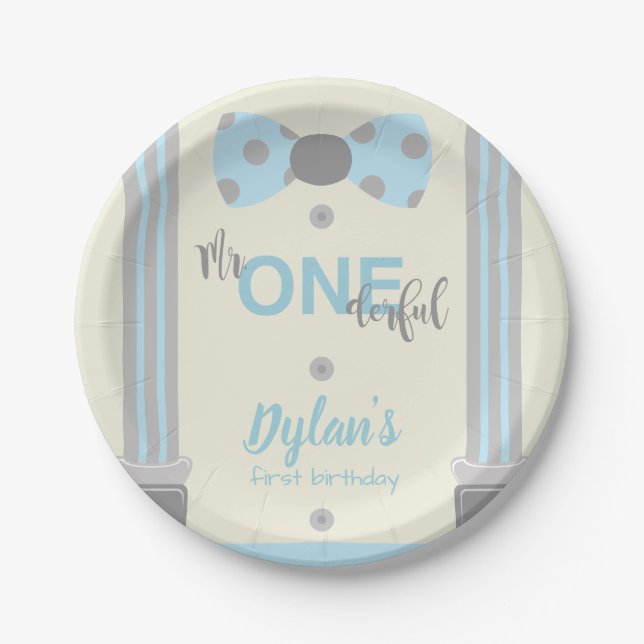 Mr Onederful blue and grey bow tie Paper Plate (Front)