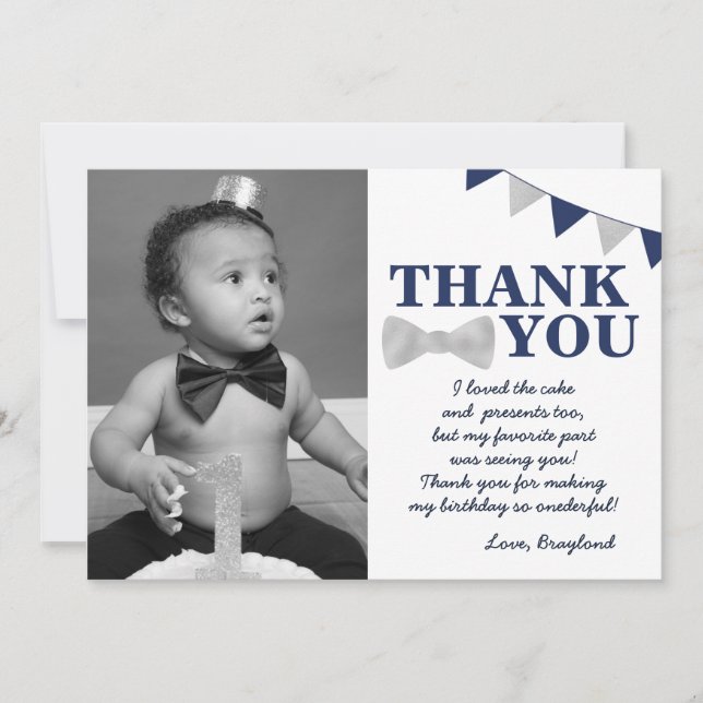 Mr Onederful Blue and Silver First Birthday Photo Thank You Card (Front)