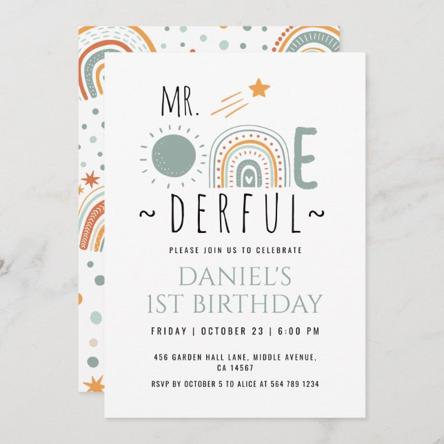 MR Onederful Boho Rainbow First Birthday Boy Invitation (Front/Back)