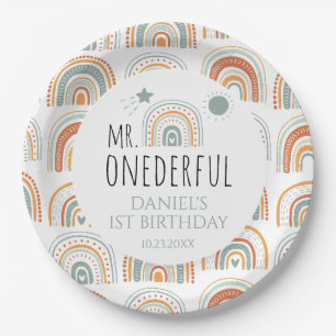 MR Onederful Boho Rainbow First Birthday Green Paper Plate