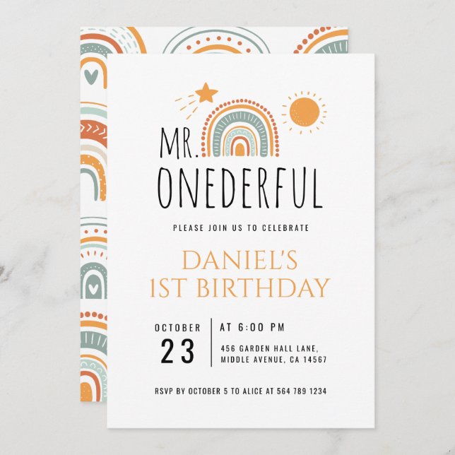 MR Onederful Boho Rainbow First Birthday Invitation (Front/Back)