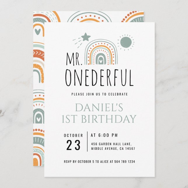 MR Onederful Boho Rainbow First Birthday Invitation (Front/Back)