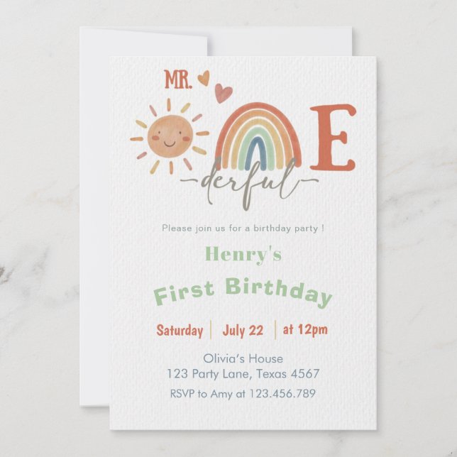 Mr. ONEderful Boy 1st Birthday Invitation (Front)