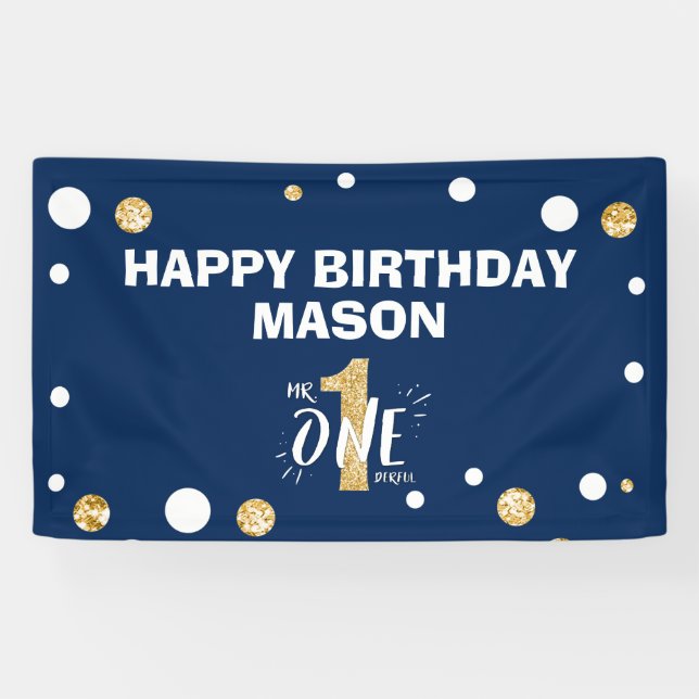Mr Onederful First Birthday Boy Navy Blue Gold Banner (Horizontal)
