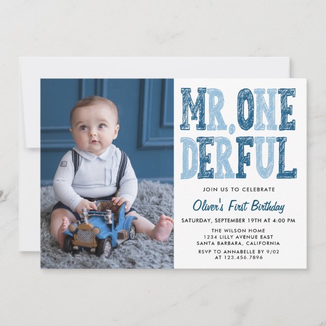 Mr. Onederful First Birthday Photo  Invitation (Front)