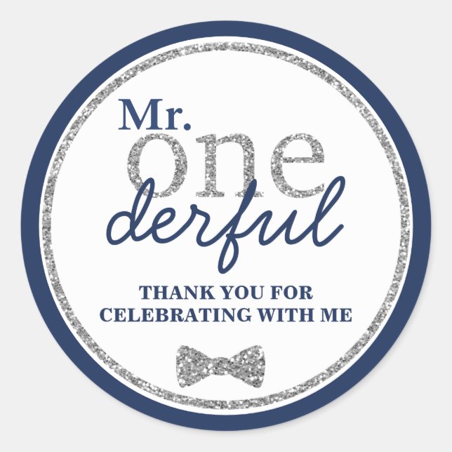 Mr Onederful First Birthday Silver and Navy Classic Round Sticker (Front)