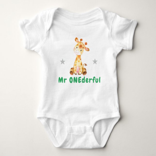 Mr Onederful Giraffe First 1st Birthday Green Boy Baby Bodysuit (Front)