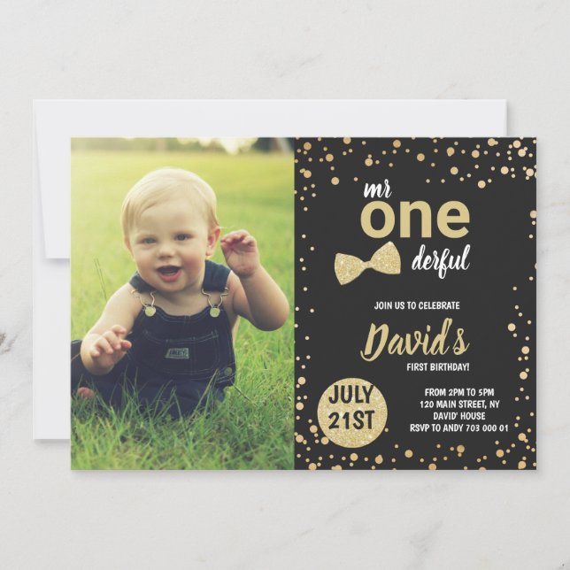 Mr Onederful Gold Boy 1st Birthday with Photo Invitation (Front)