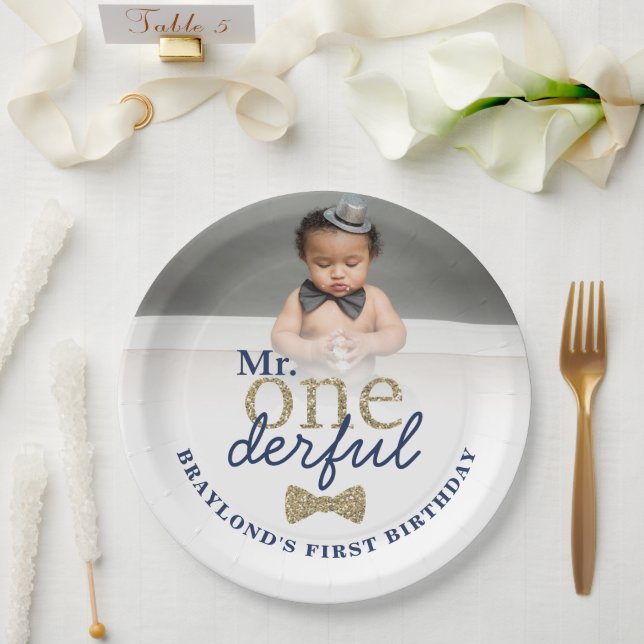 Mr Onederful Navy and Gold Birthday Paper Plates (Wedding)