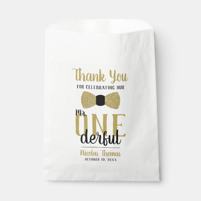 Mr. ONEderful Party Favour Bag, Black, Faux Gold Bag (Front)