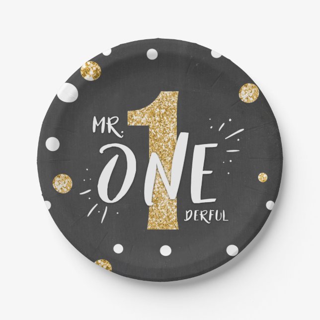 Mr Onederful Party Paper Plates Boy Black Gold (Front)