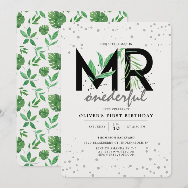 MR Onederful Tropical Greenery Modern 1st Birthday Invitation (Front/Back)