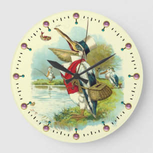 MR PELICAN FISHING ,Cream,Pink Gemstones Large Clock