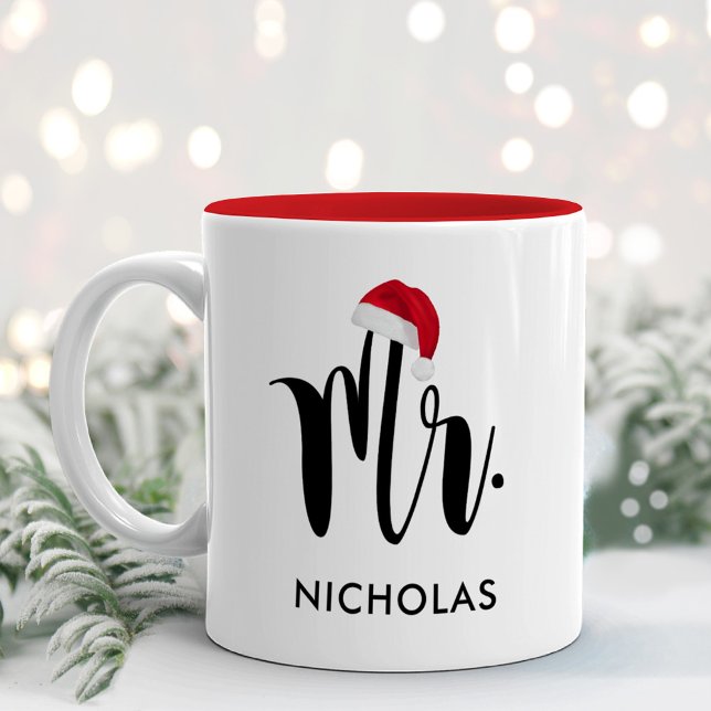 Mr. Red Santa Hat Monogram Holiday Two-Tone Coffee Mug (Creator Uploaded)