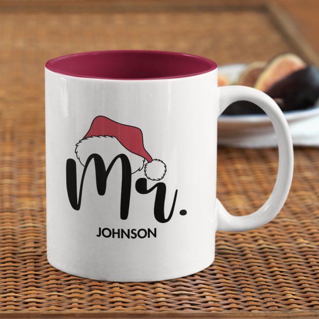 Mr Red Santa Hat Personalized Christmas Two-Tone Coffee Mug (Creator Uploaded)