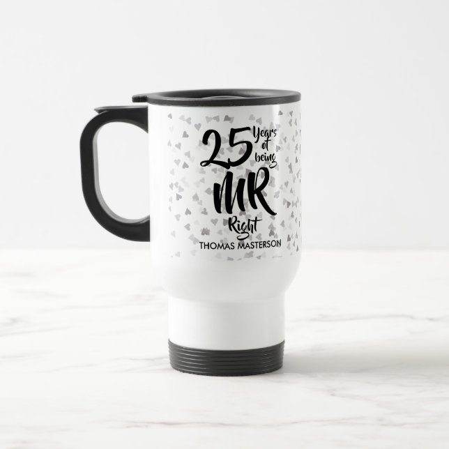 Mr Right 25th Anniversary Silver Hearts Confetti Travel Mug (Left)