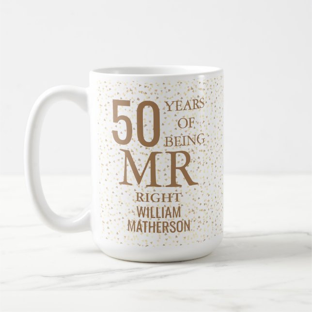 Mr Right Fun 50th Wedding Anniversary Gold Hearts Coffee Mug (Left)