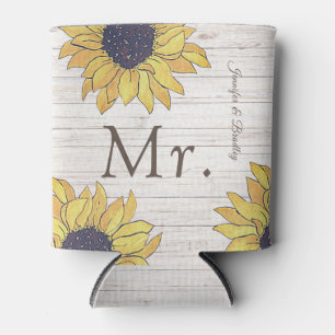  Mr. Rustic White Wood Chic Yellow Sunflower Can Cooler
