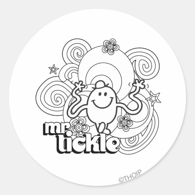 Mr. Tickle | Black & White Swirls & Stars Classic Round Sticker (Front)