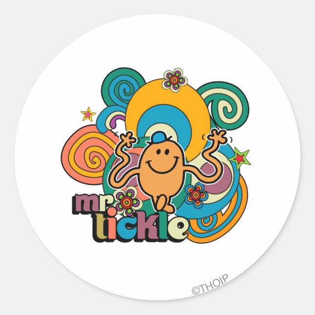 Mr. Tickle | Psychedelic Swirls, Stars, & Flowers Classic Round Sticker (Front)