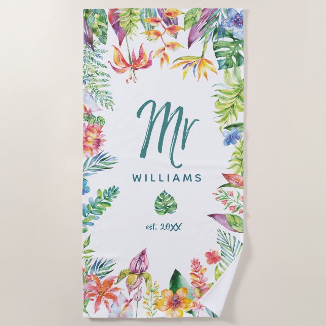 Mr. Tropical Floral Watercolor Script Typography Beach Towel (Front)