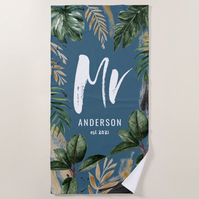Mr tropical leaf & typography blue modern beach towel (Front)