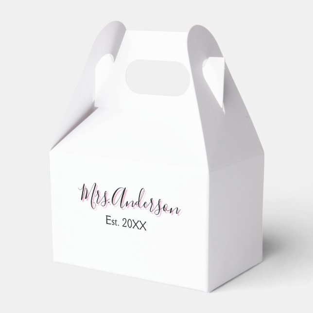 Mrs add name last name black pink est year modern  favour box (Front Side)