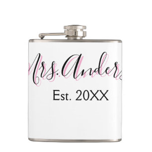 Mrs add name last name black pink est year modern  hip flask