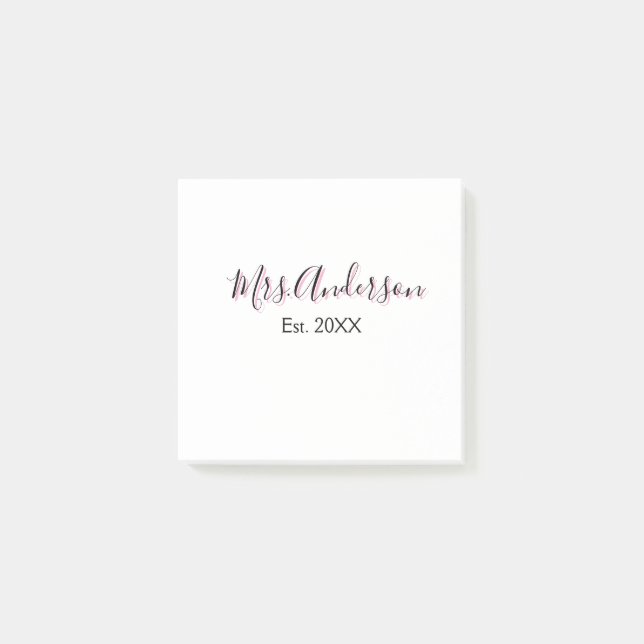 Mrs add name last name black pink est year modern  post-it notes (Front)