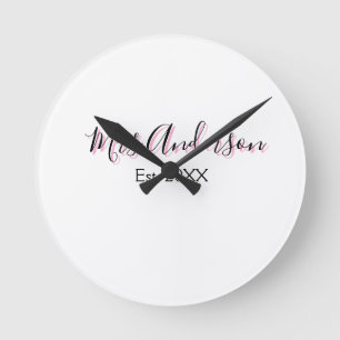 Mrs add name last name black pink est year modern  round clock